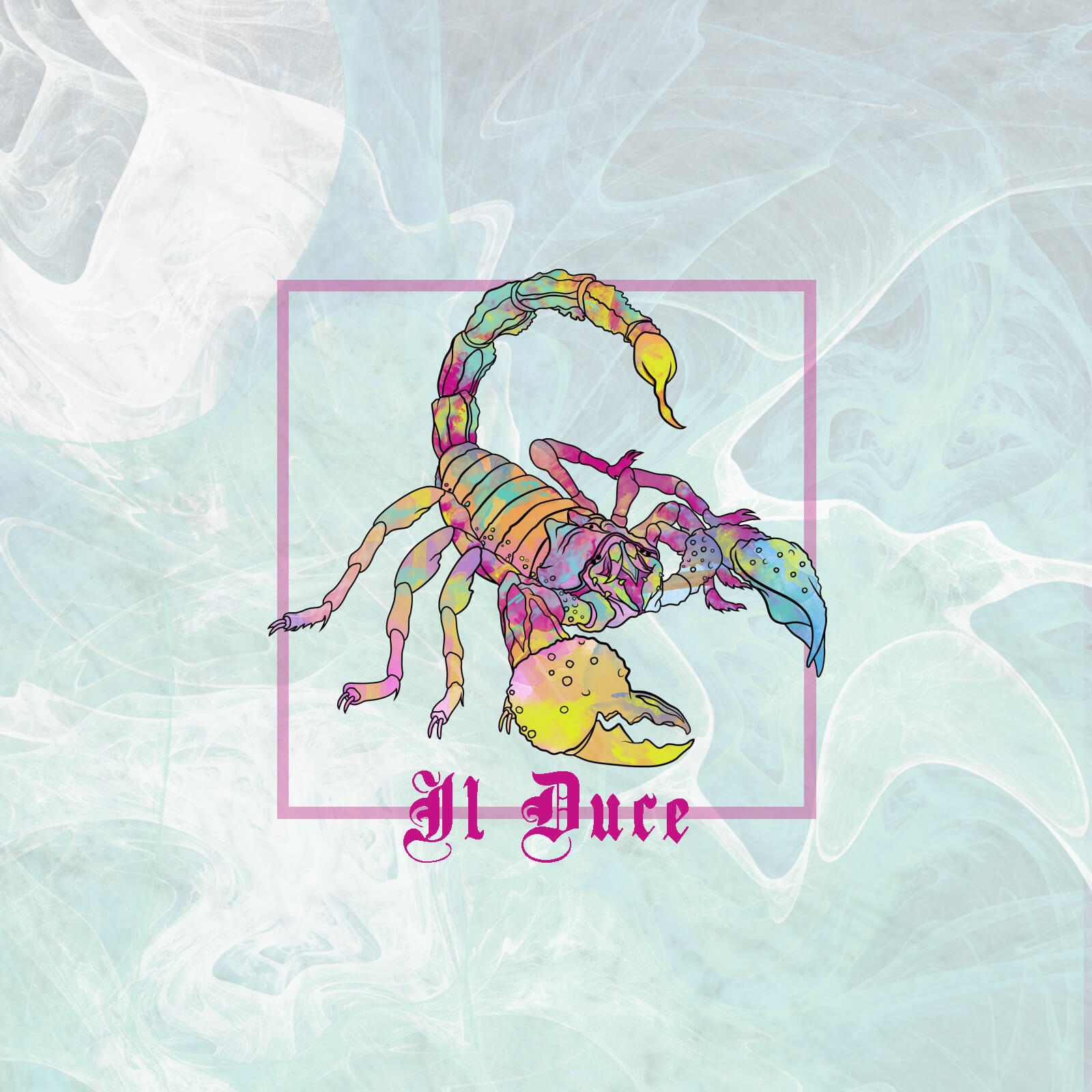 multicolored scorpion with 'Il Duce' written below
