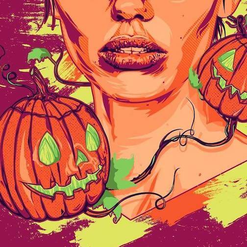 pumpkins over woman's face